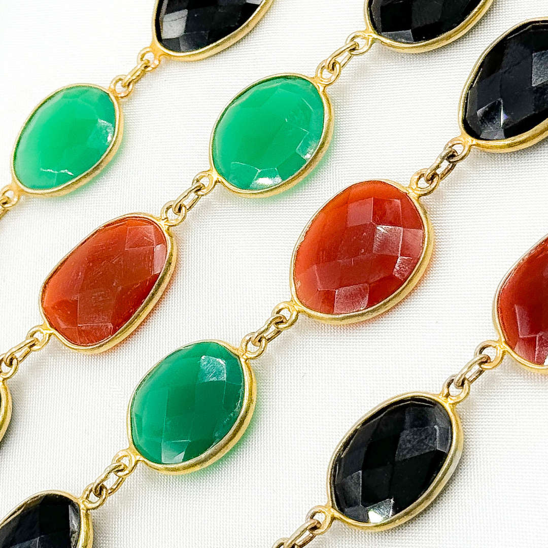 Green, Black and Red Onyx Organic Shape Bezel Gold Plated Wire Chain. MMS26