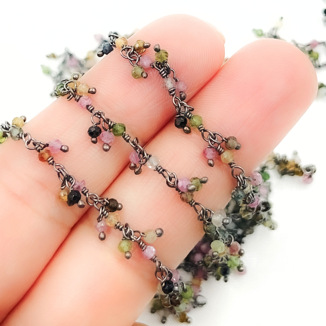 Multi Tourmaline Cluster Dangle Oxidized Wire Chain.