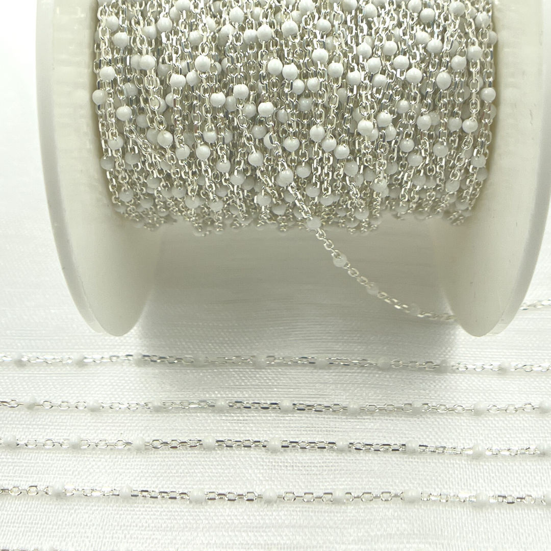 925 Sterling Silver Cable Chain with White Color Enamel. V203WTSS