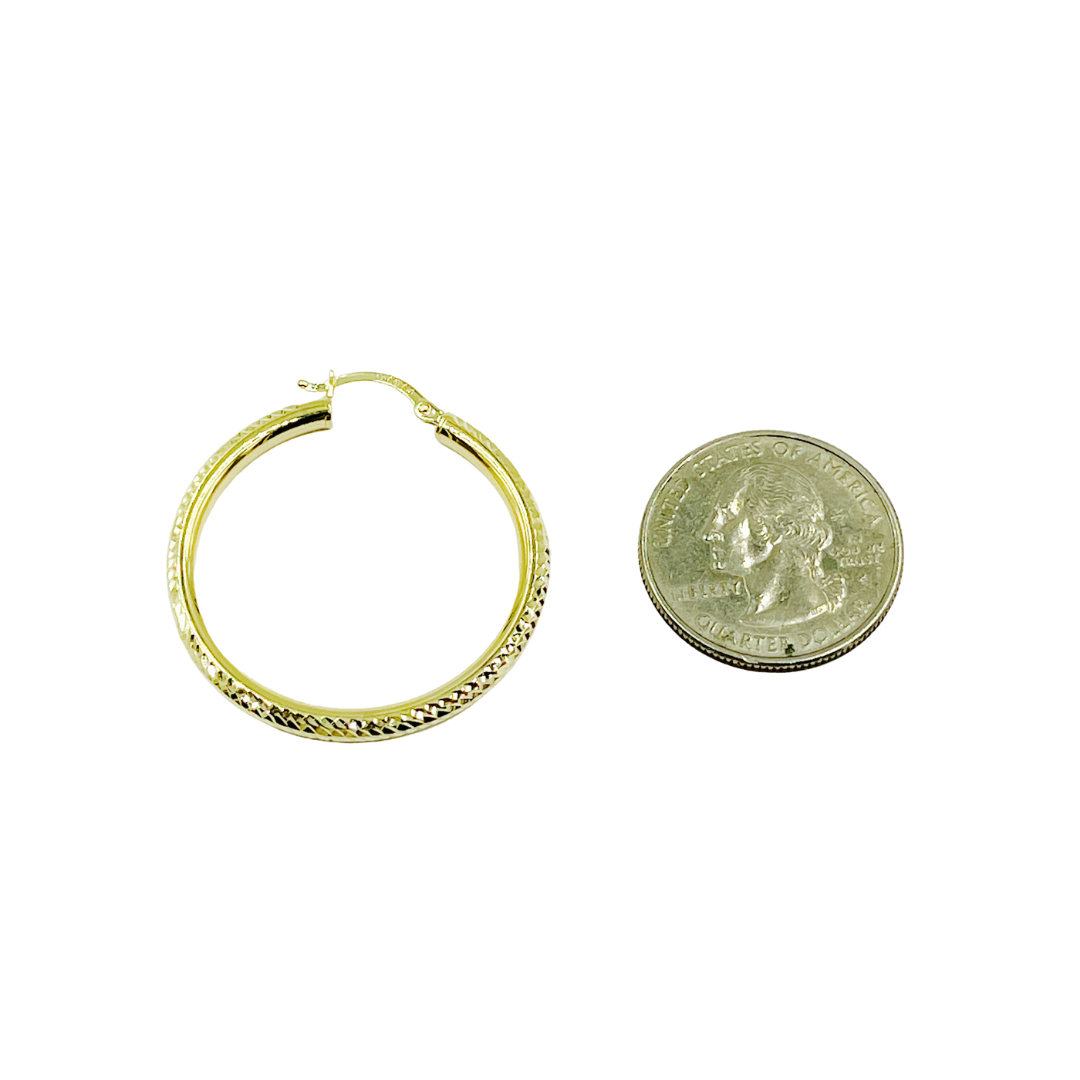14K Gold Hoop Earrings with Engraved Tornado Design.