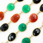 Load image into Gallery viewer, Green, Black and Red Onyx Organic Shape Bezel Gold Plated Wire Chain. MMS26
