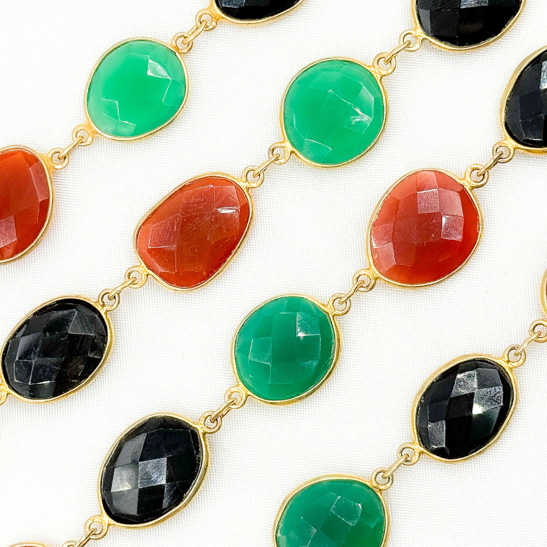 Green, Black and Red Onyx Organic Shape Bezel Gold Plated Wire Chain. MMS26