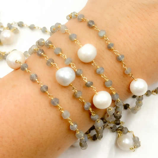 Labradorite & Pearl Gold Plated 925 Sterling Silver Wire Chain