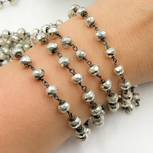Steel Pyrite Faceted Rondel Oxidized 925 Sterling Silver Wire Chain