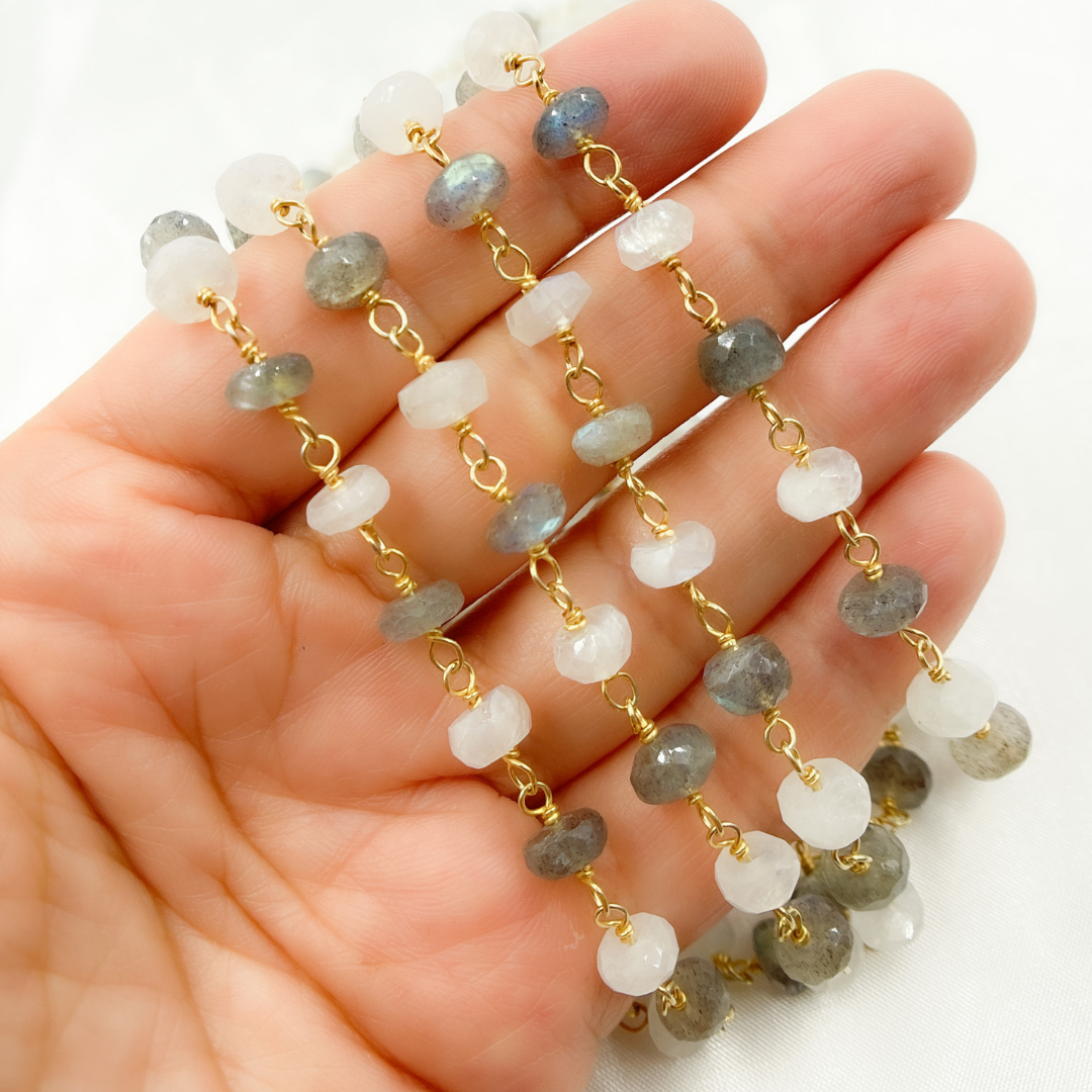 Labradorite & White Rainbow Moonstone Gold Plated Wire Chain.