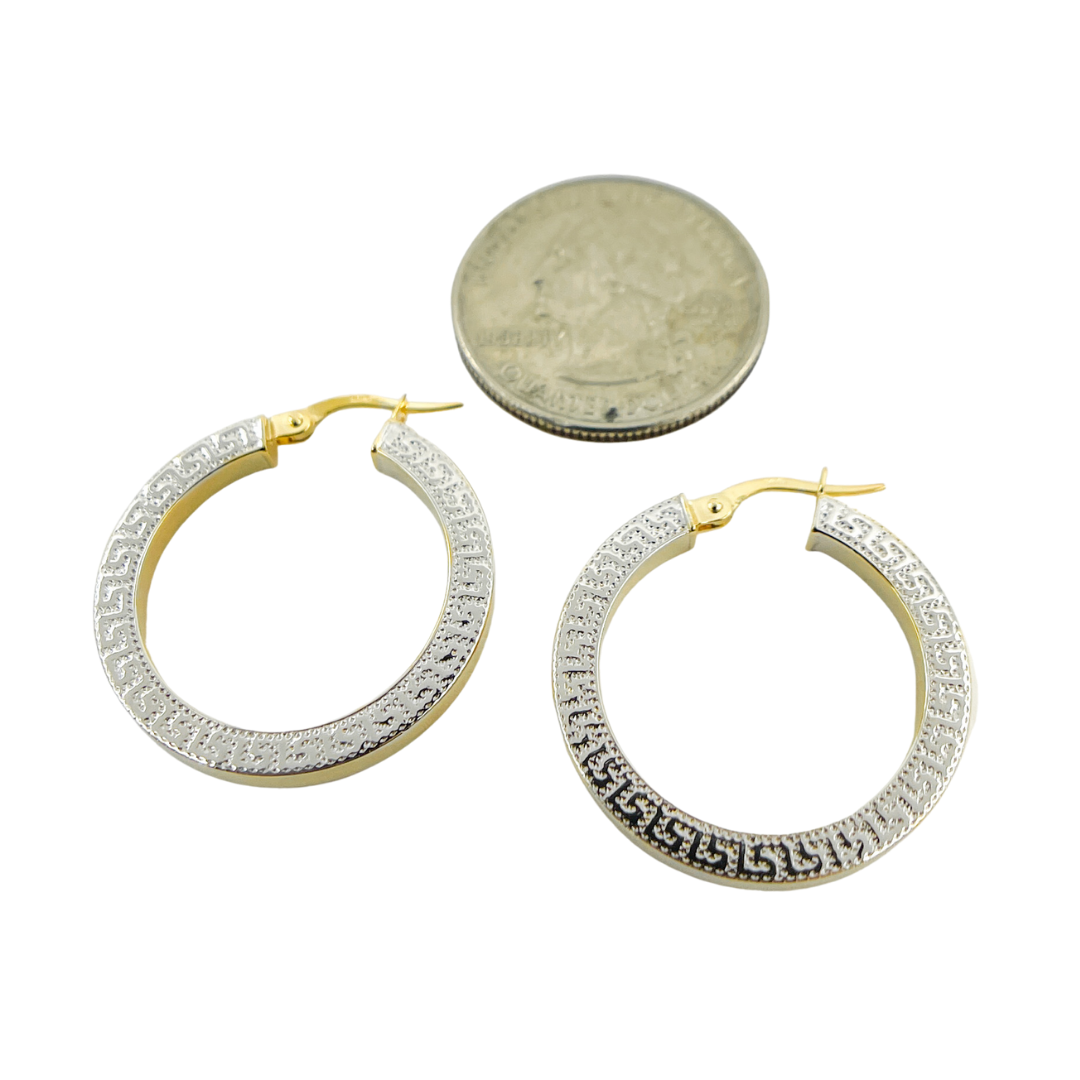 14K Solid Gold and White Gold Earrings Round Shape Hoop with Texture. 