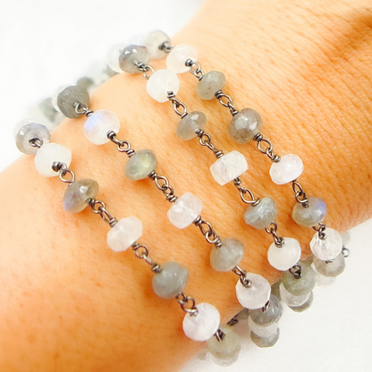Labradorite & White Rainbow Moonstone Oxidized Wire Chain