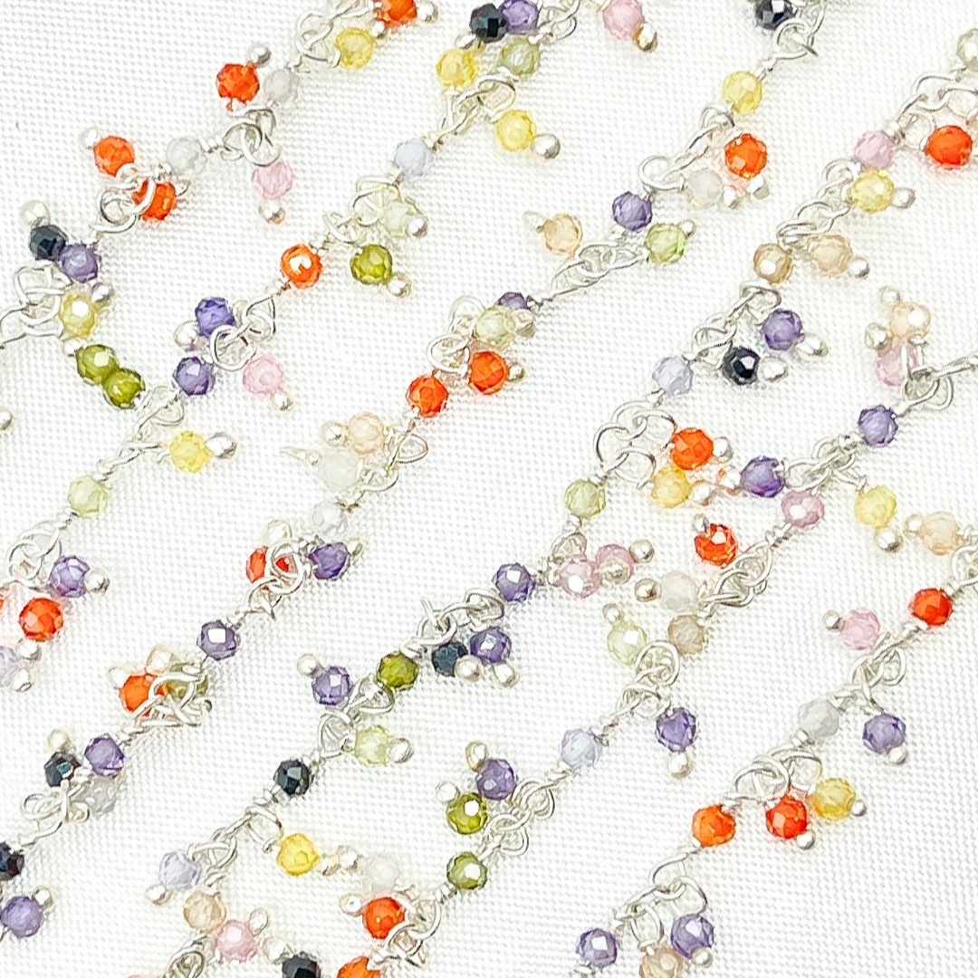 Multi Color C.Z. Cluster Dangle 925 Sterling Silver Wire Chain