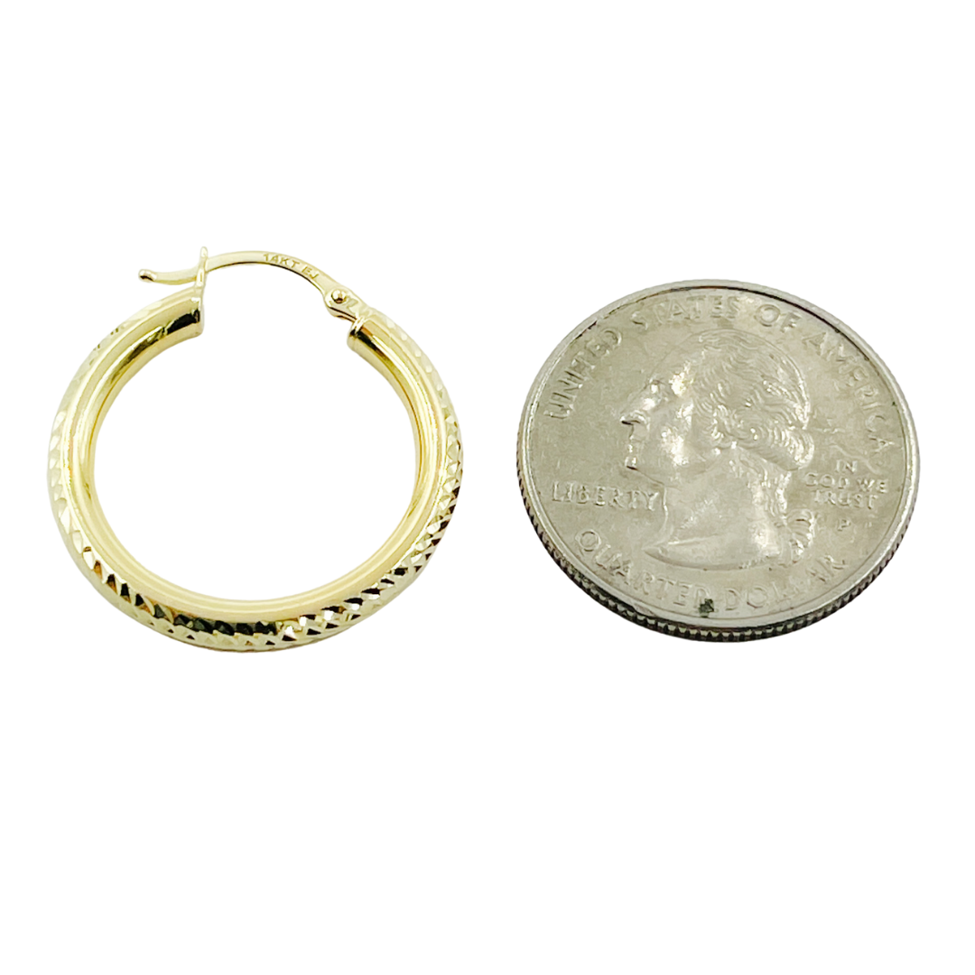 14K Gold Hoop Earrings with Engraved Tornado Design. 