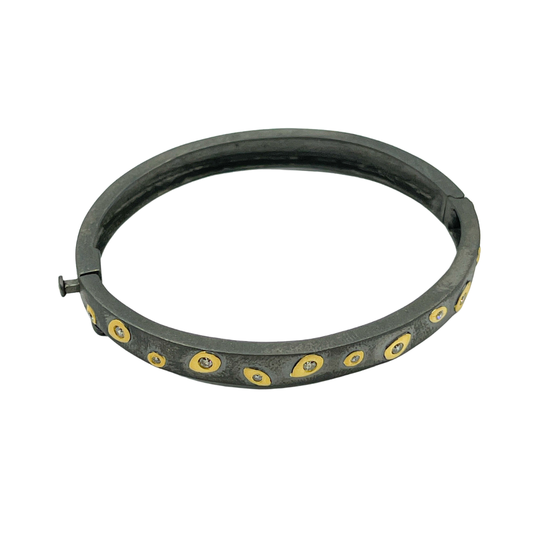 Black Rhodium Sterling Silver With Gold Pave Diamond Bangle
