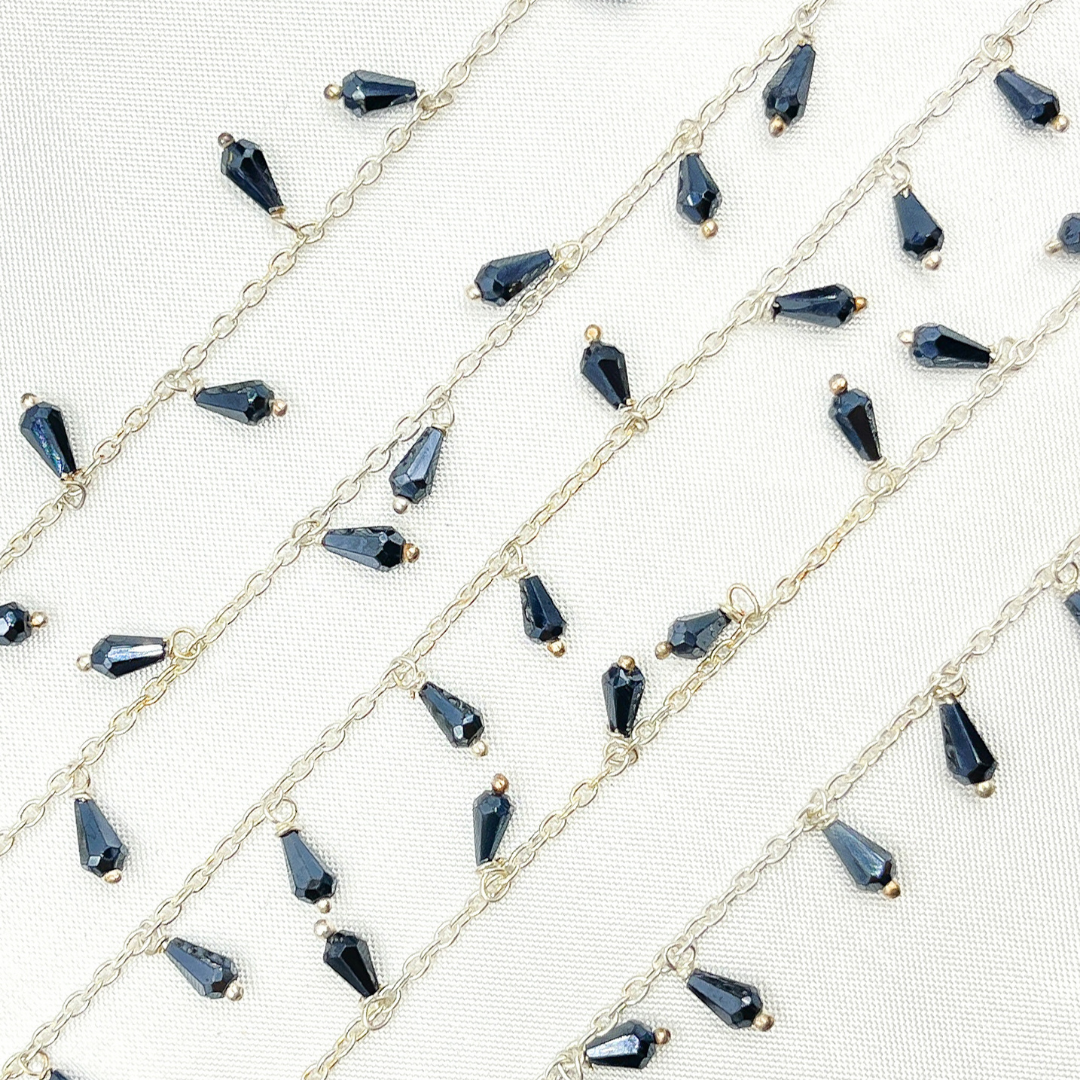 Coated Black Spinel Drop Dangle 925 Sterling Silver Wire Chain.