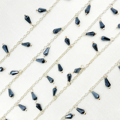 Coated Black Spinel Drop Dangle 925 Sterling Silver Wire Chain.
