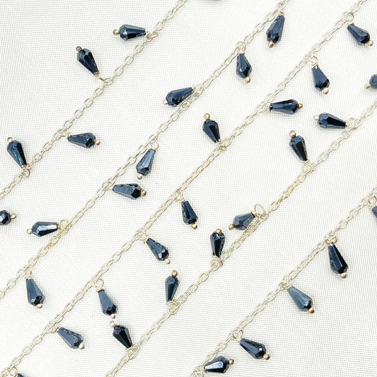 Coated Black Spinel Drop Dangle 925 Sterling Silver Wire Chain.