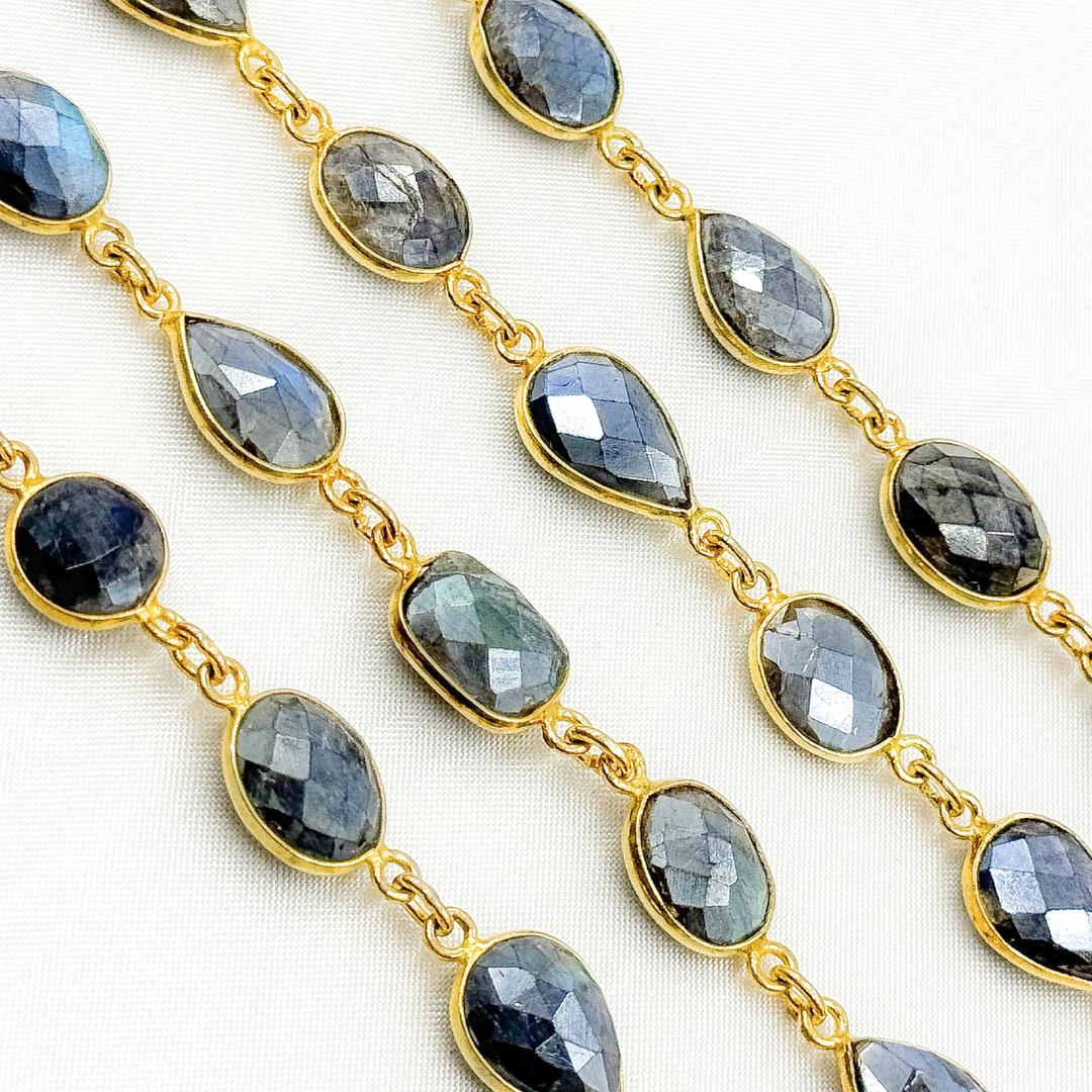 Coated Labradorite Mix Shape Bezel Gold Plated Wire Chain. CLB66