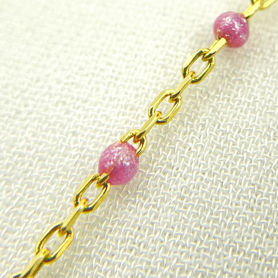 Gold Plated Sterling Silver Enamel Rose Color Cable Chain
