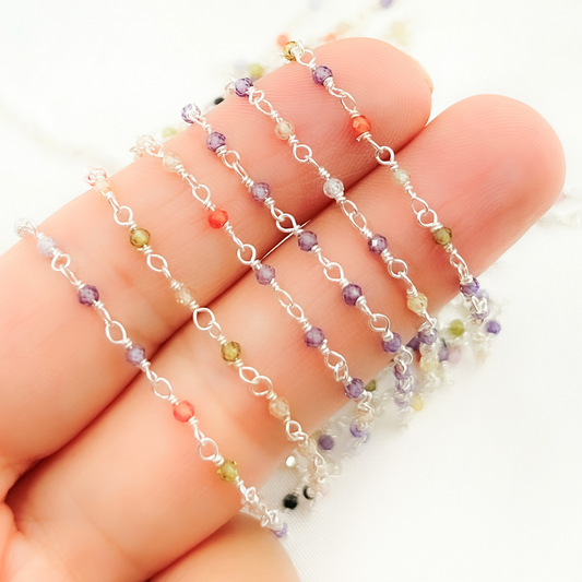 Multi Color Cubic Zirconia 925 Sterling Silver Wire Wrap Chain.