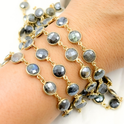 Coated Labradorite Round Shape Bezel Gold Plated Wire Chain