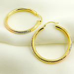 Load image into Gallery viewer, 14K Gold Tri-Color Hoop Earrings with Engraved Tornado Design.