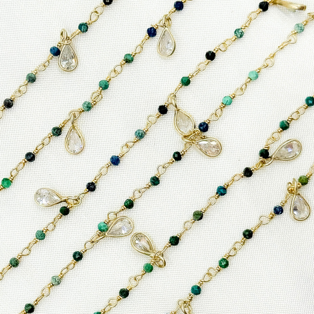 Chrysocolla & CZ Dangle Gold Plated Wire Chain.