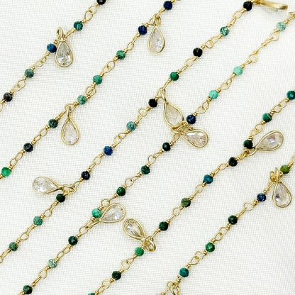 Chrysocolla & CZ Dangle Gold Plated Wire Chain.