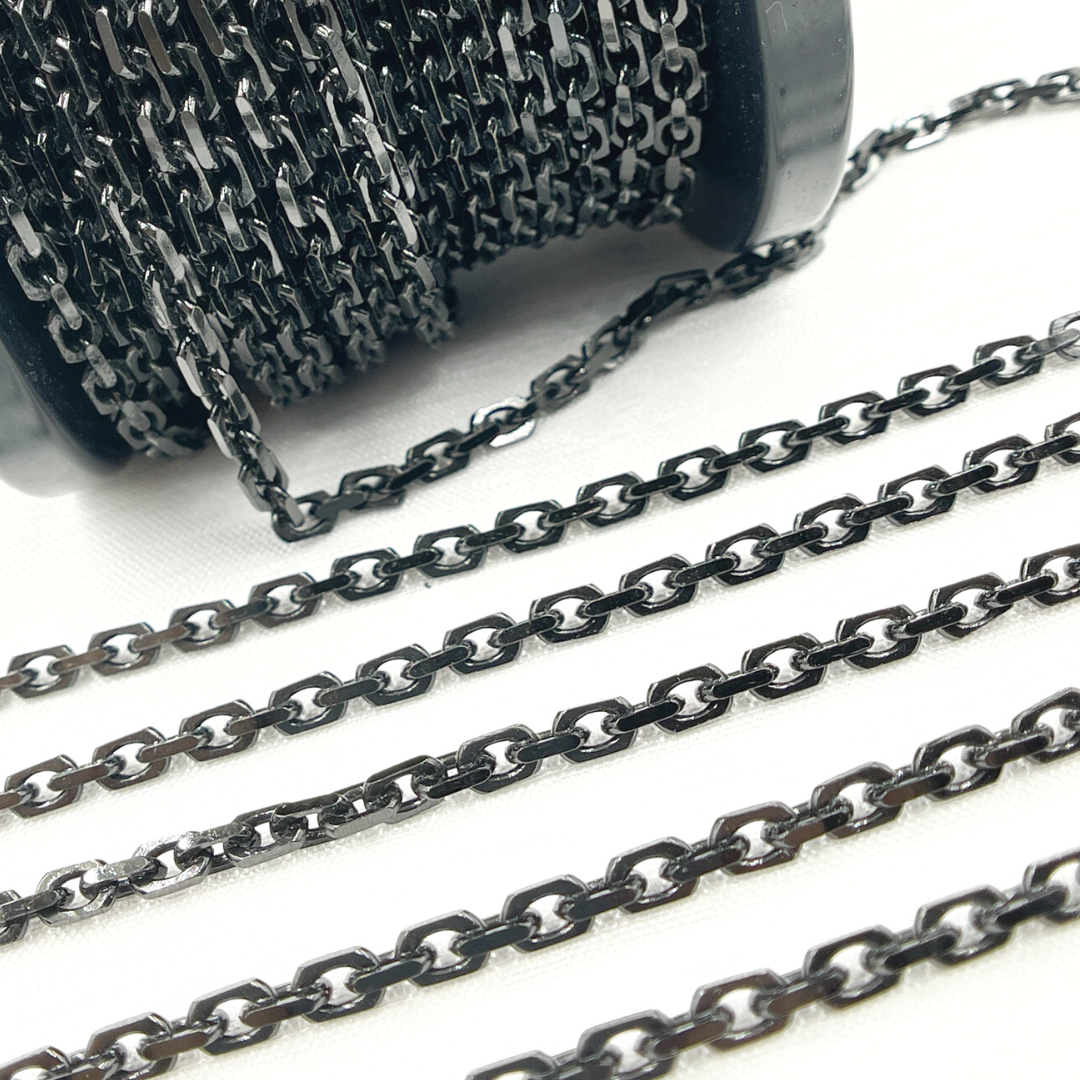 Z90BS. Black Rhodium Shinny Silver Rectangle Diamond Cut Heavy Cable