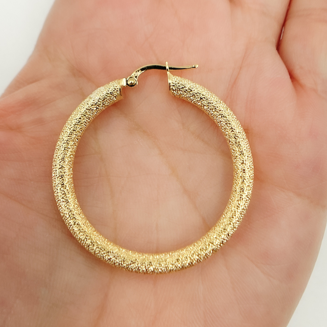 14K Solid Gold Earrings with Texture Circle Shape Hoop.