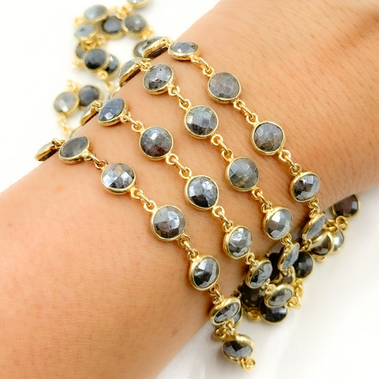 Coated Labradorite Round Shape Bezel Gold Plated Wire Chain