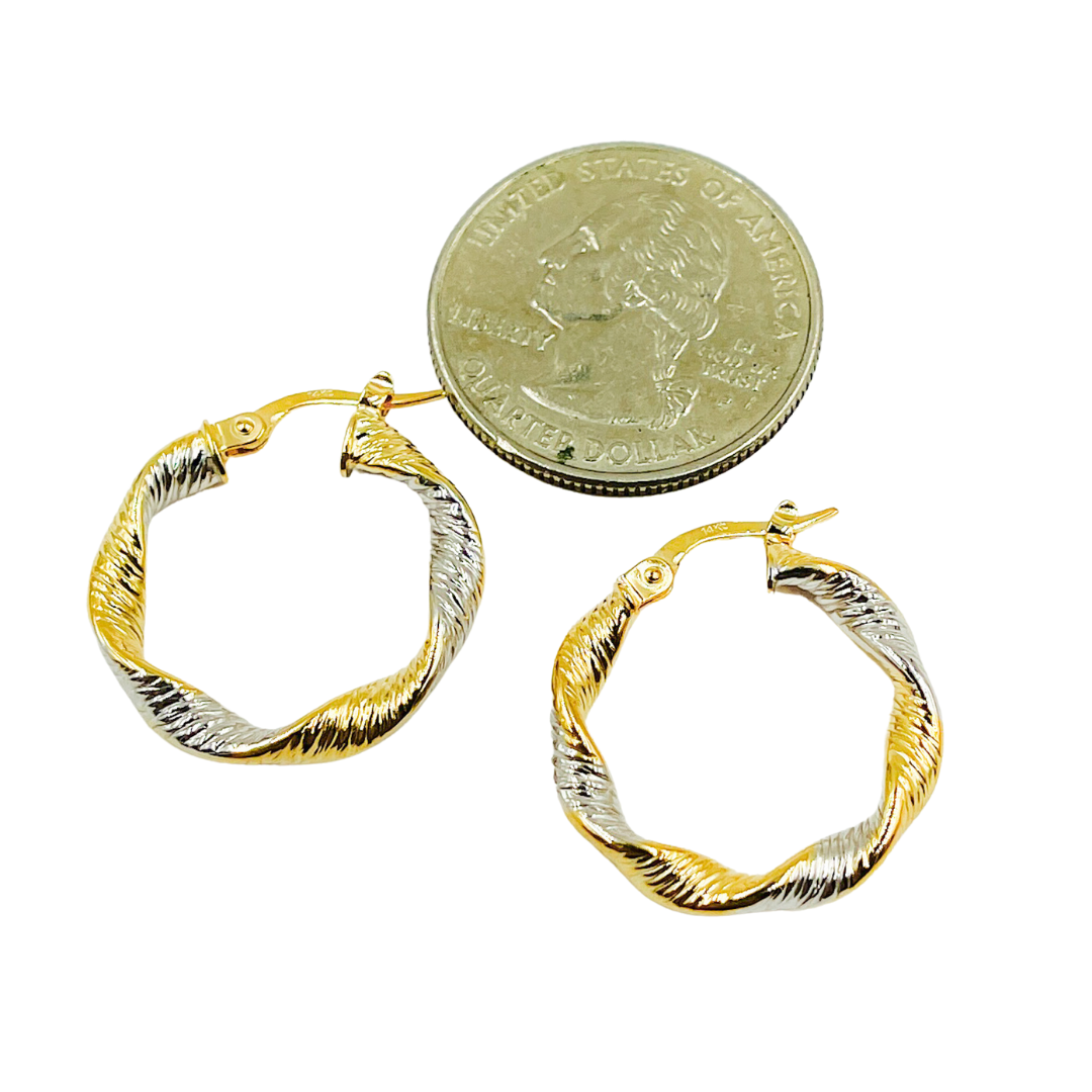 GER32. 14K Solid Gold Twist Round Classic Earrings Circle Shape Hoop