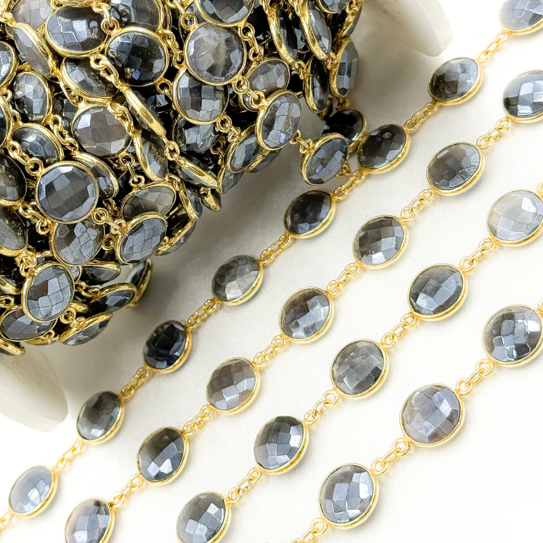 Coated Grey Moonstone Round Shape Bezel Gold Plated Wire Chain.