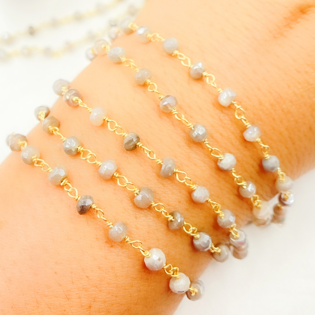Coated Peach Moonstone Gold Plated Wire Chain.