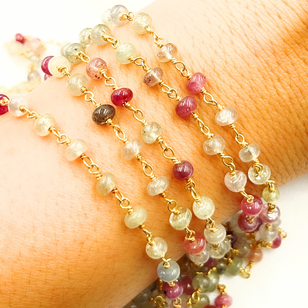 Multi Sapphire Pink Smooth Gold Plated Wire Chain