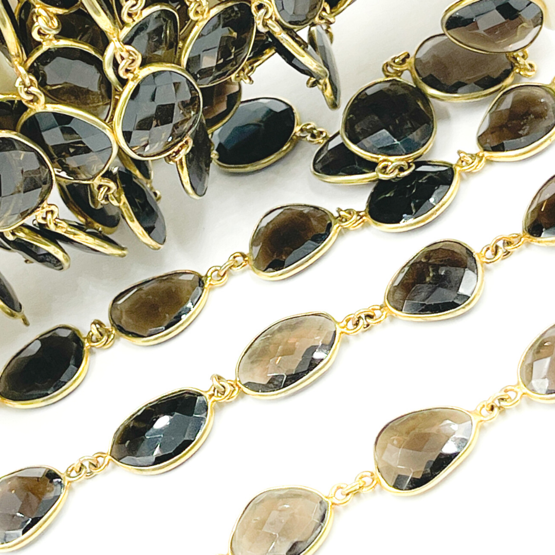 Smoky Quartz Shape Bezel Gold Plated Wire Chain.