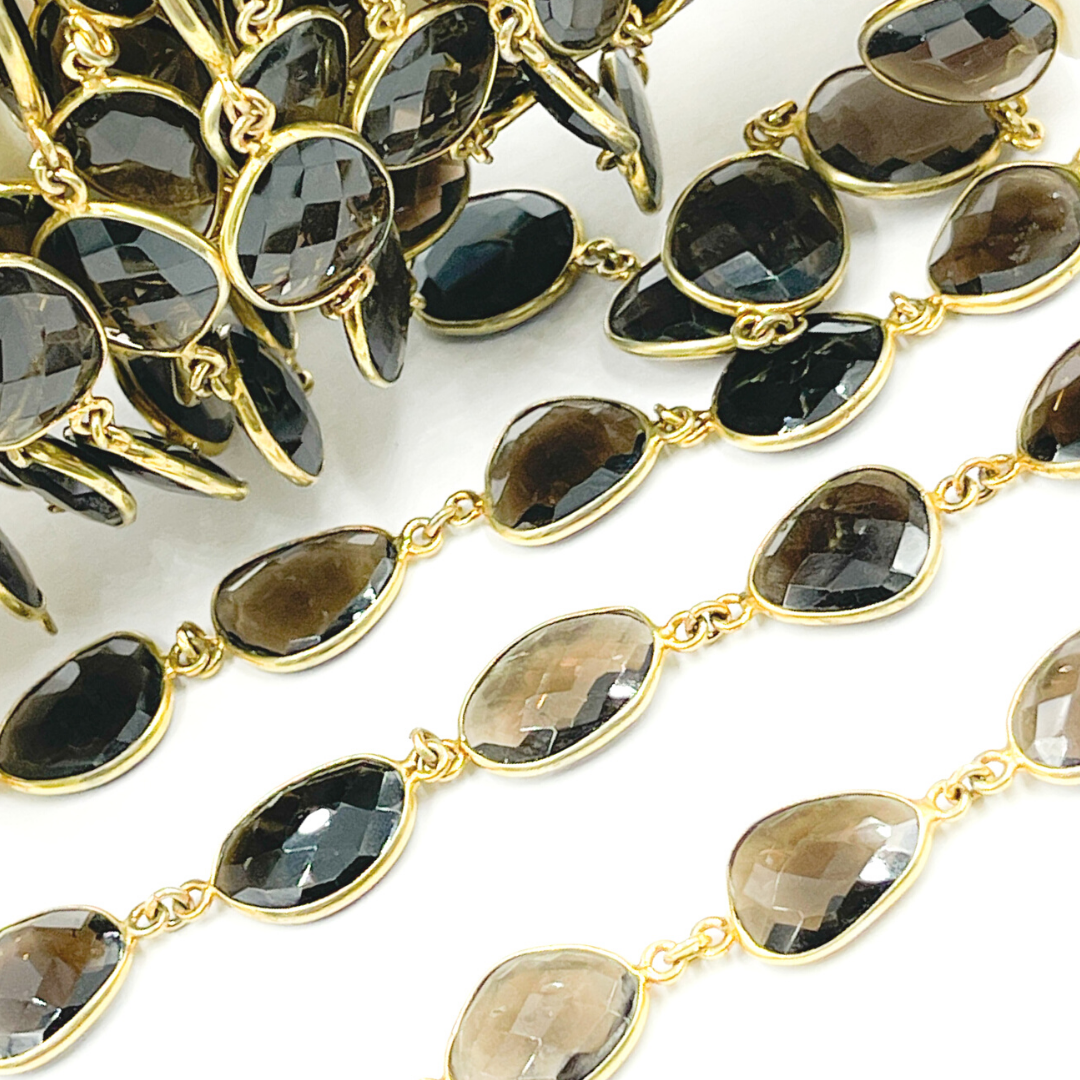 Smoky Quartz Shape Bezel Gold Plated Wire Chain. SMQ6