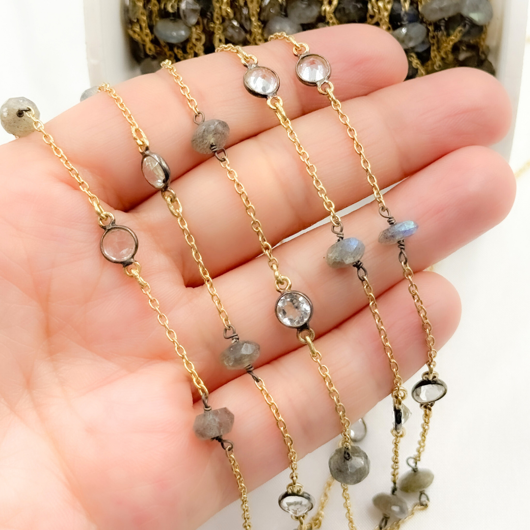Labradorite & White Topaz Gold Plated Connected Wire Chain.