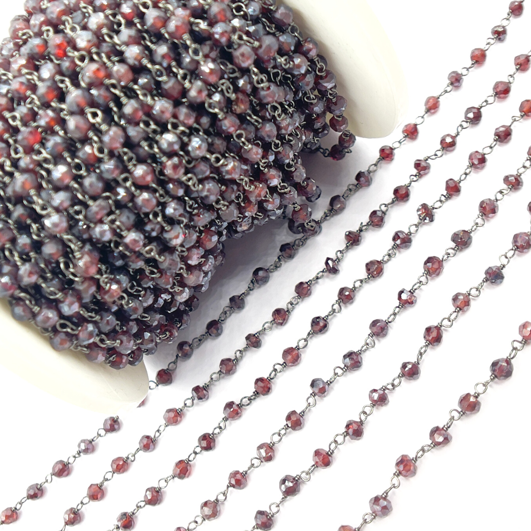 Coated Garnet Moonstone Black Rhodium 925 Sterling Silver Wire Chain