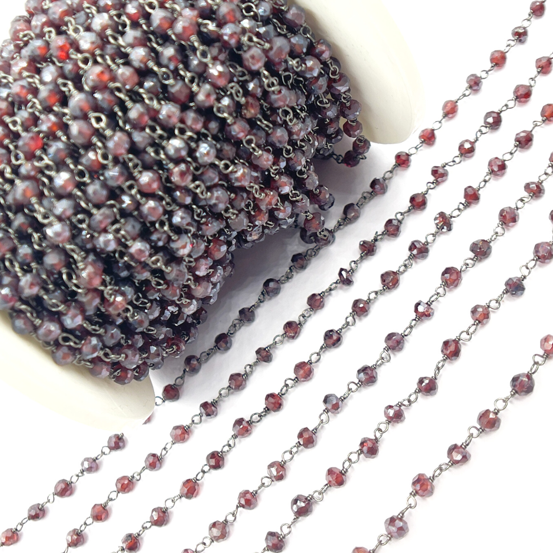 Coated Garnet Moonstone Black Rhodium 925 Sterling Silver Wire Chain. CGR1