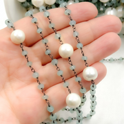 Blue Aqua Chalcedony & Pearl Oxidized 925 Sterling Silver Wire Chain