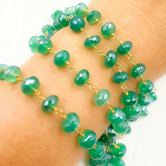 Coated Green Onyx Rondel Faceted Gold Plated Wire Chain.