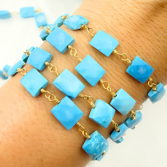 Turquoise Rectangle Shape Gold Plated Wire Chain