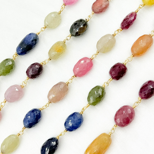 Multi Sapphire Rondel Faceted Gold Plated 925 Sterling Silver Wire Chain