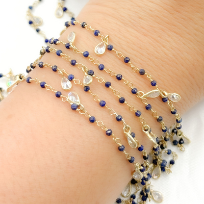 Lapis Lazuli & CZ Dangle Gold Plated Wire Chain