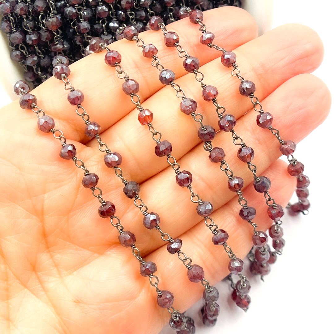 Coated Garnet Moonstone Black Rhodium 925 Sterling Silver Wire Chain