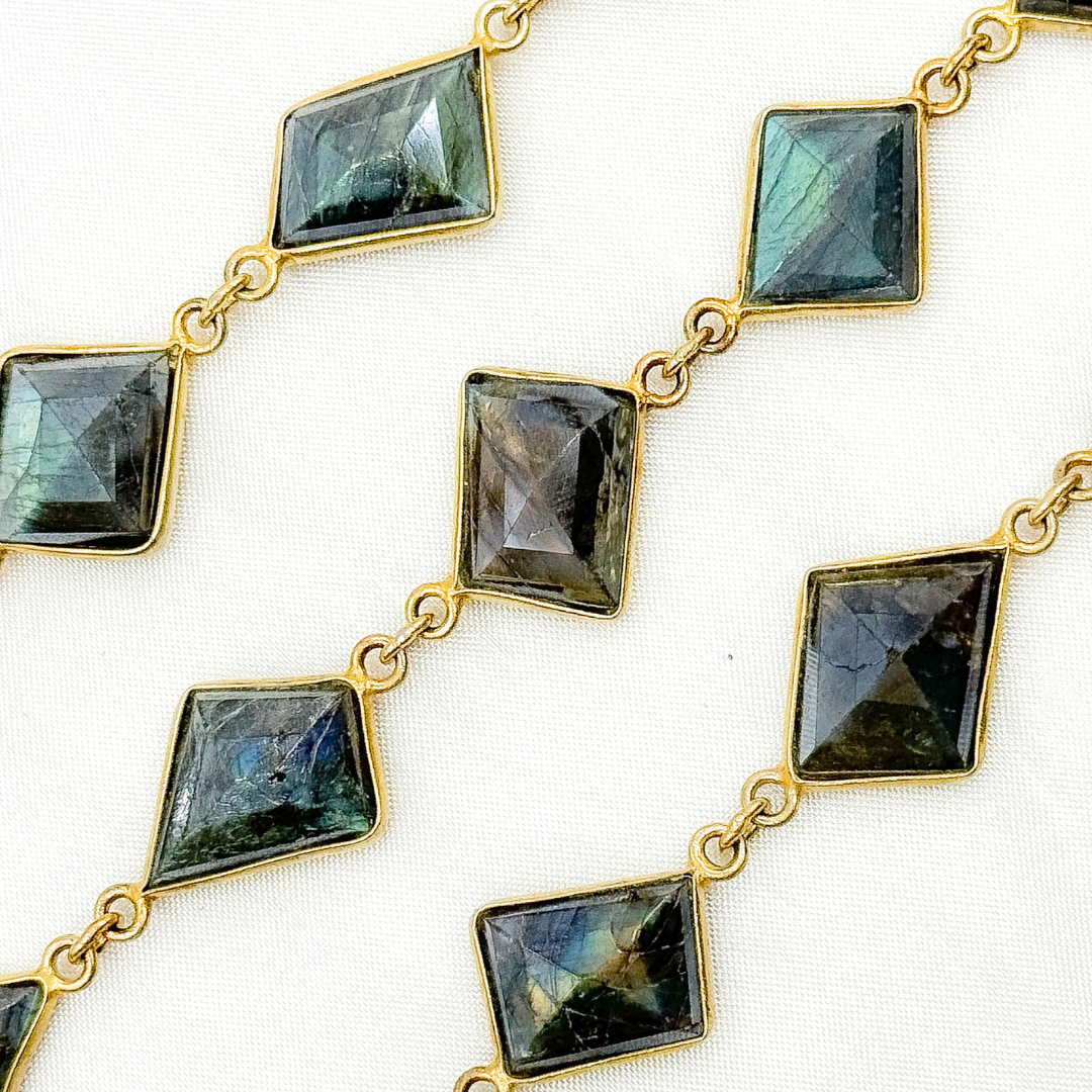 Coated Labradorite Rhomb Shape Bezel Gold Plated Wire Chain. CLB65
