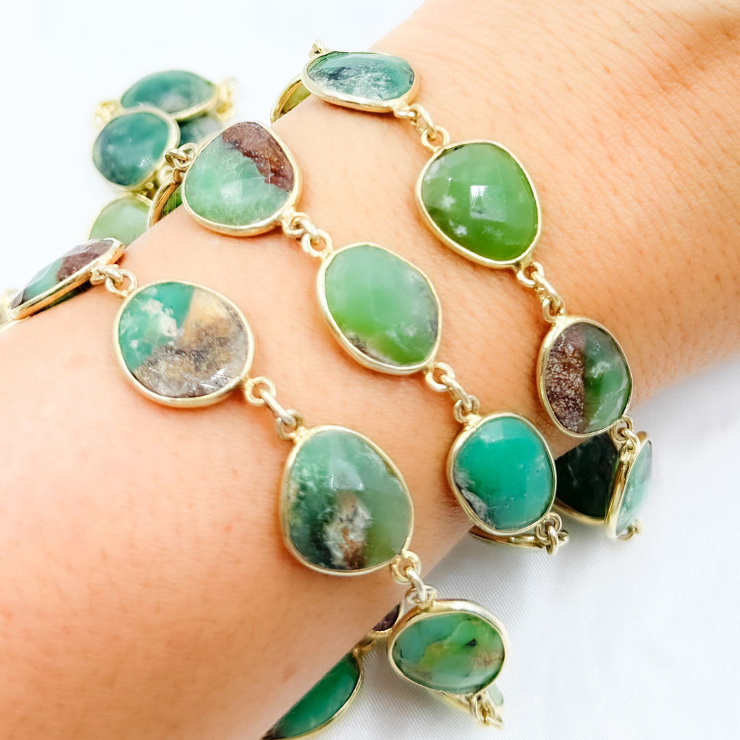 Chrysoprase Organic Shape Bezel Gold Plated Wire Chain. CHR31