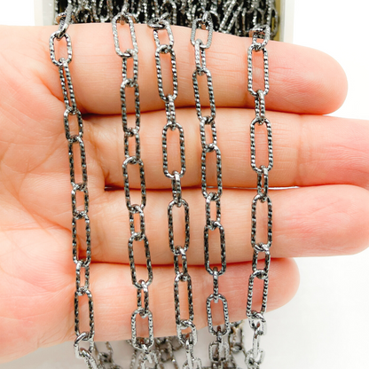 Sterling Silver Black Rhodium Diamond Cut Paper Clip Chain