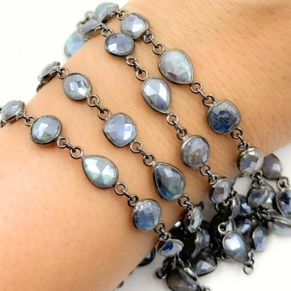 Coated Labradorite Pear & Round Shape Bezel Oxidized Wire Chain