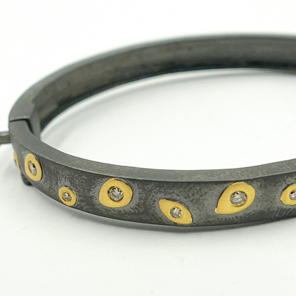 Black Rhodium Sterling Silver With Gold Pave Diamond Bangle