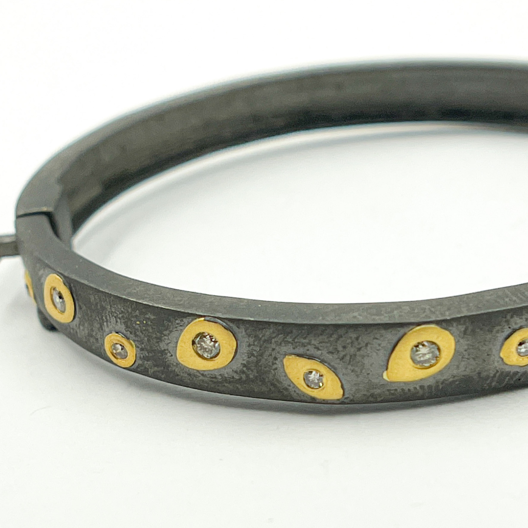 Black Rhodium Sterling Silver With Gold Pave Diamond Bangle