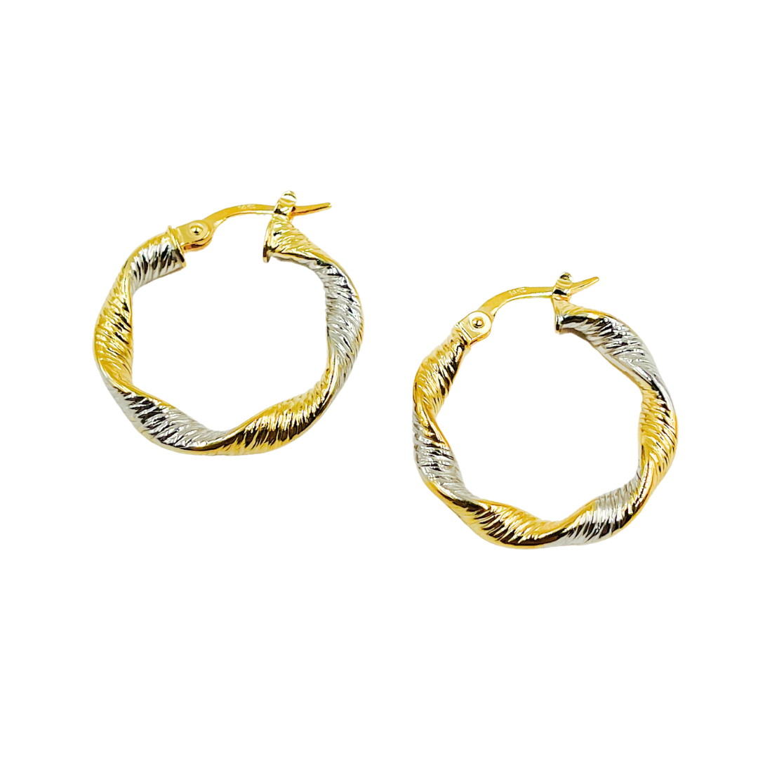 GER32. 14K Solid Gold Twist Round Classic Earrings Circle Shape Hoop