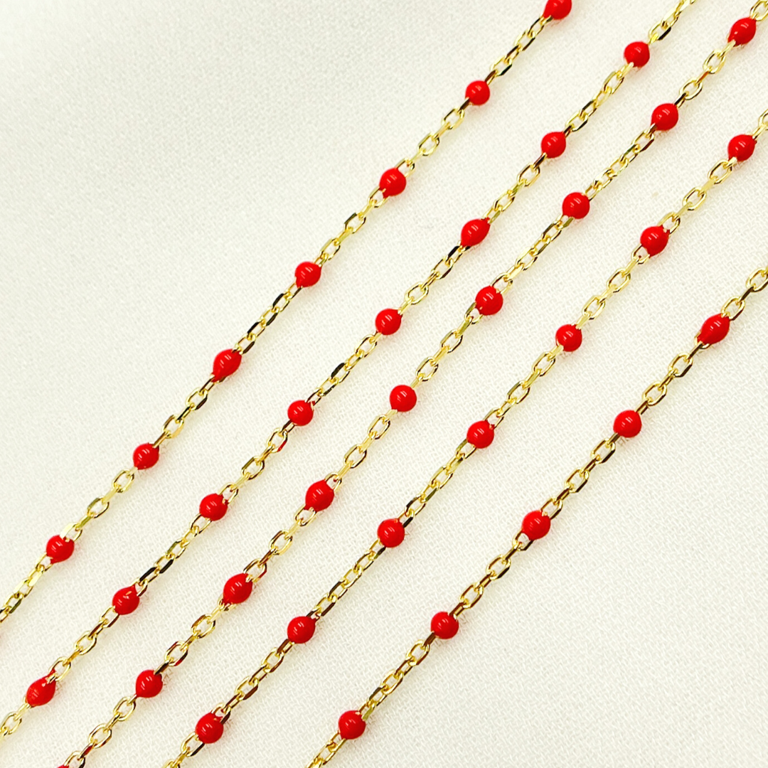 Gold Plated Sterling Silver Enamel Red Color Cable Chain